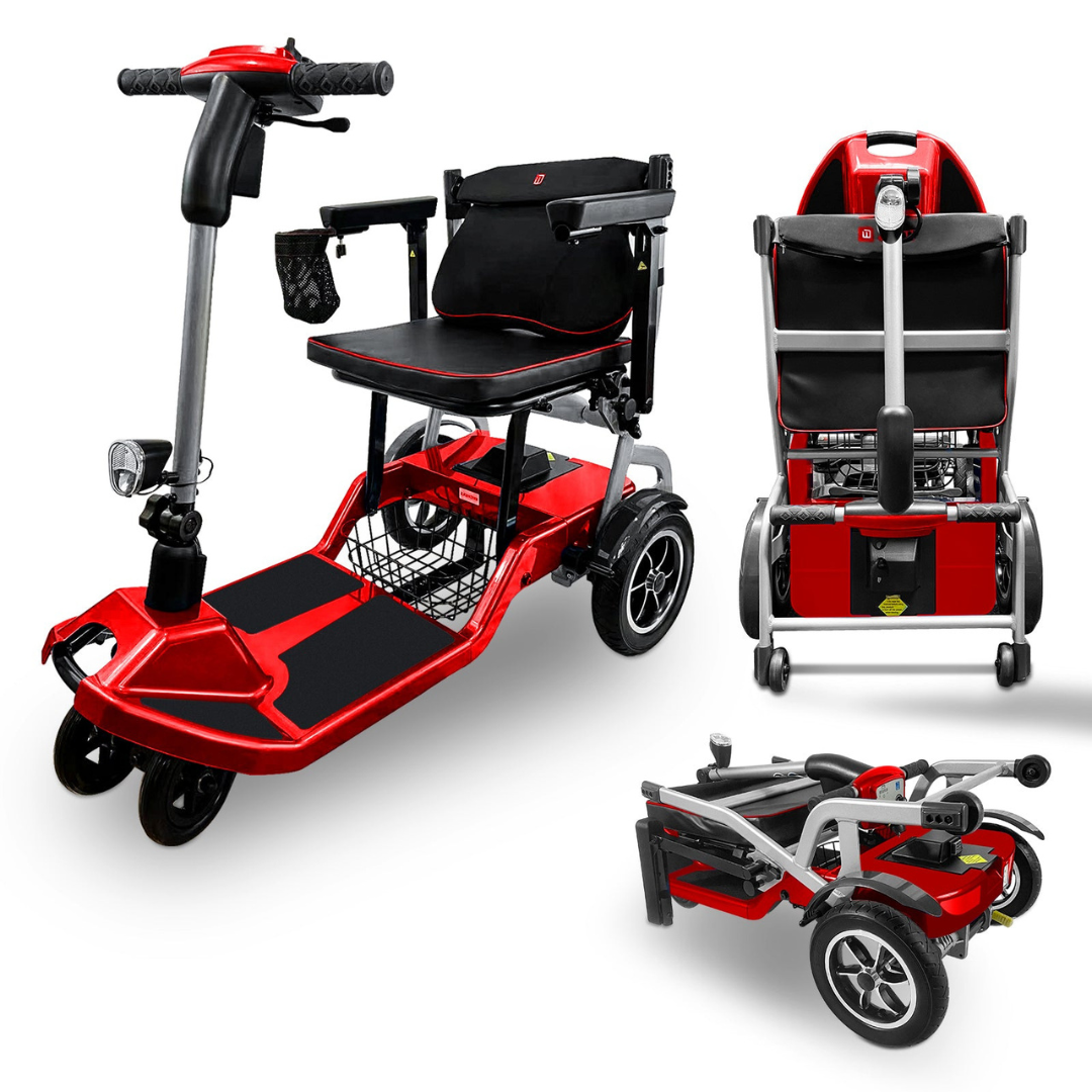 A ZiiRobot R3b Ultra Lightweight Folding Mobility Scooter is shown from the front and side while upright, folded upright, and fully collapsed. The three-wheeled scooter features a cushioned seat with armrests.